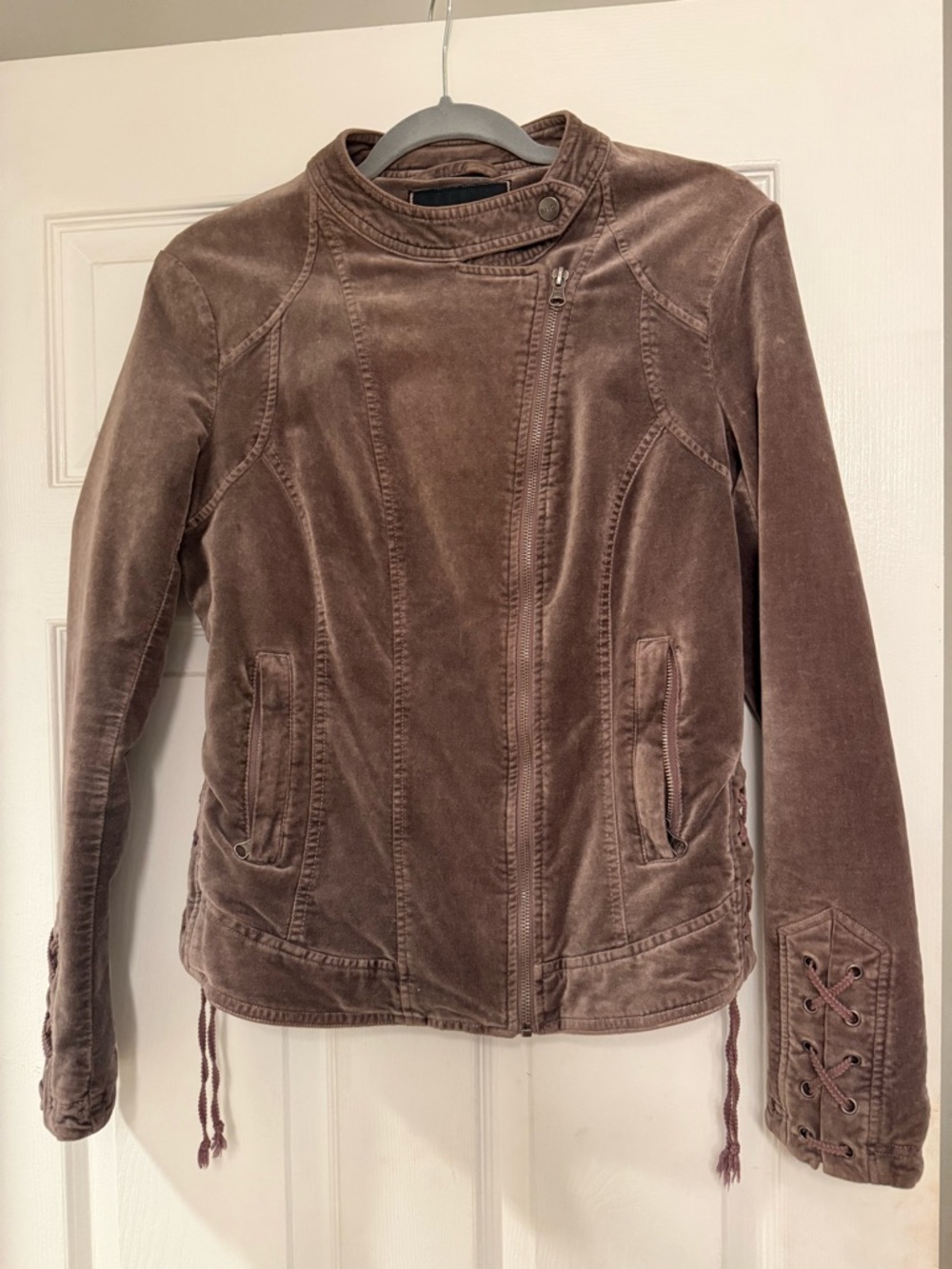 Women’s Velvet Moto Jacket in Taupe